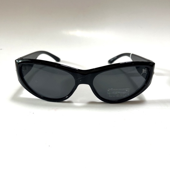 Ed Hardy Black Wrap Sunglasses Silver Gothic Cross Logo Y2K Unisex UV400 Acetate - Picture 2 of 7